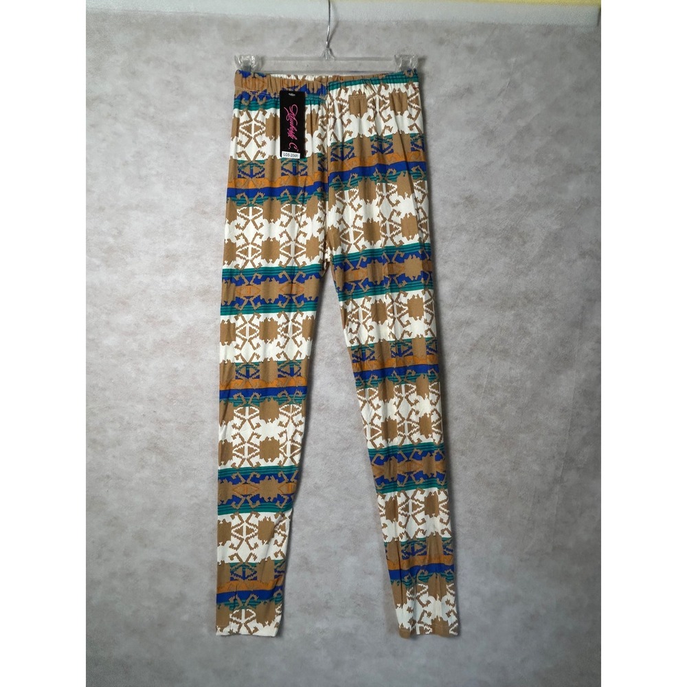 Kimberly C Women Geometric Tribal Print Leggings Tan Blue Green‎ One Size NEW